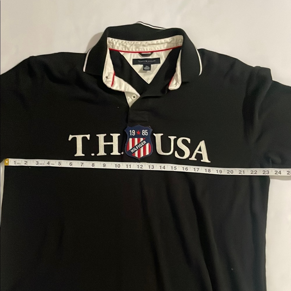 Tommy Hilfiger Black USA Polo with White and Red Details 100% Cotton Size XL - Picture 7 of 8